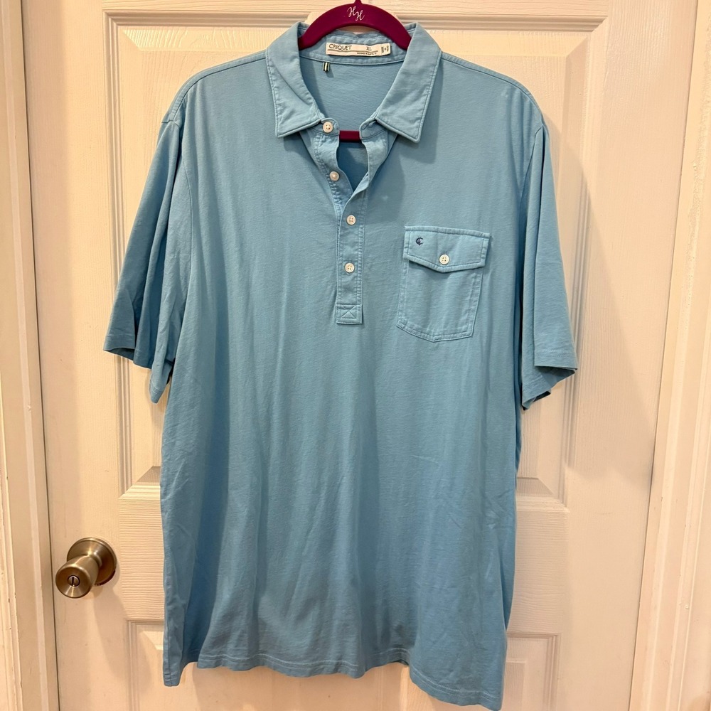 CRIQUET Mens XL Polo Sky Blue Short Sleeve Shirt Pocket Organic Cotton Casual